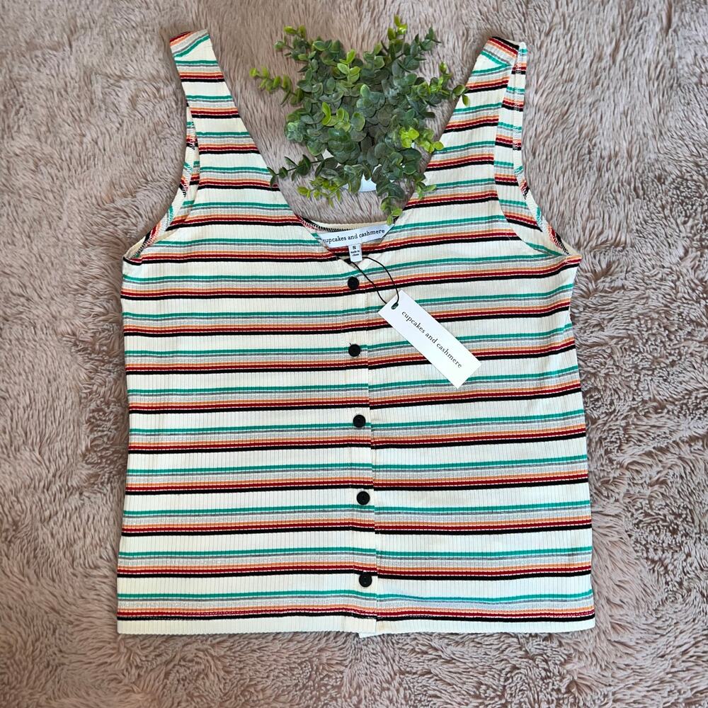 NWT Cupcakes and Cashmere Striped 'Maru' Ribbed Knit Button-Front Tank Top